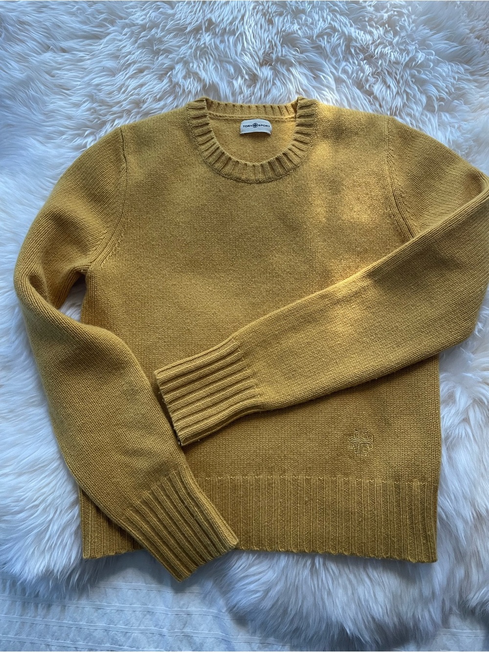 Tory Sport 100% Cashmere Crew Neck Sweater Mustard Yellow Logo Size XS - Picture 7 of 14